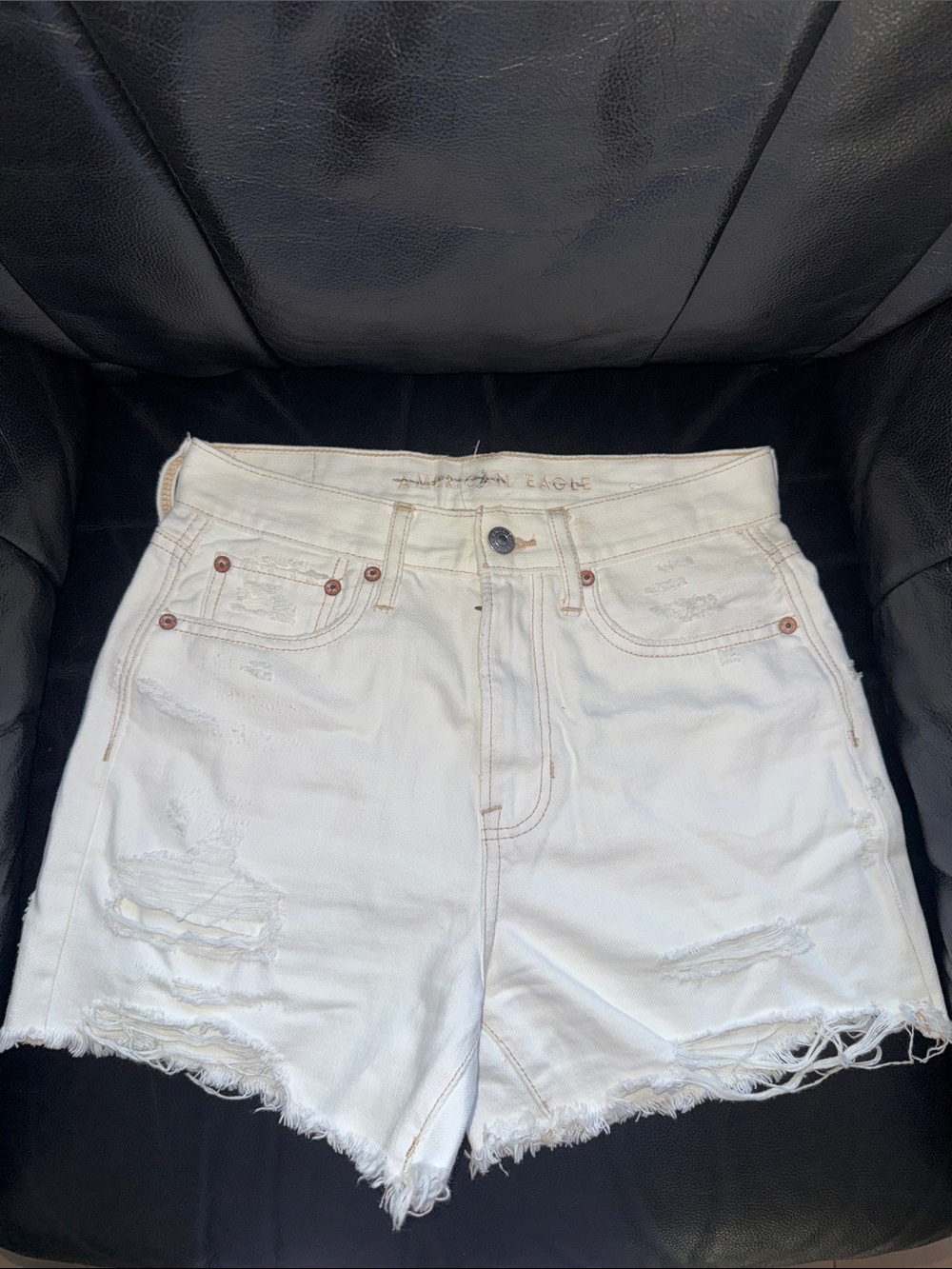 American Eagle Outfitters White High-Rise Distressed Denim Shorts